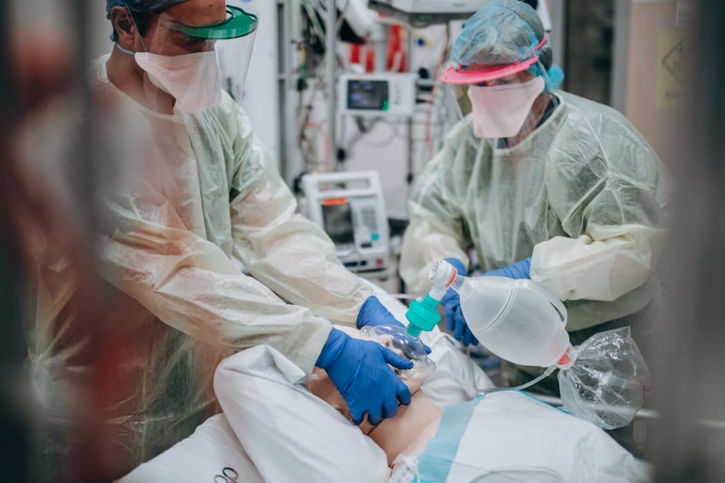 Health workers take part in ICU training for Covid-19 at Hutt Hospital.