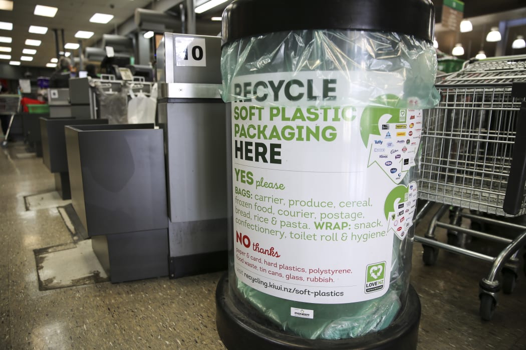 Material from soft plastic recycling bins is sitting in storage