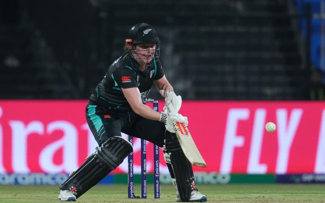 Georgia Plimmer of New Zealand playing a shot during the ICC Women's T20 World Cup, 2024.