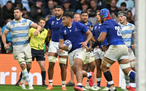Sama Malolo of Samoa in action against Argentina at the 2023 Rugby World Cup.
