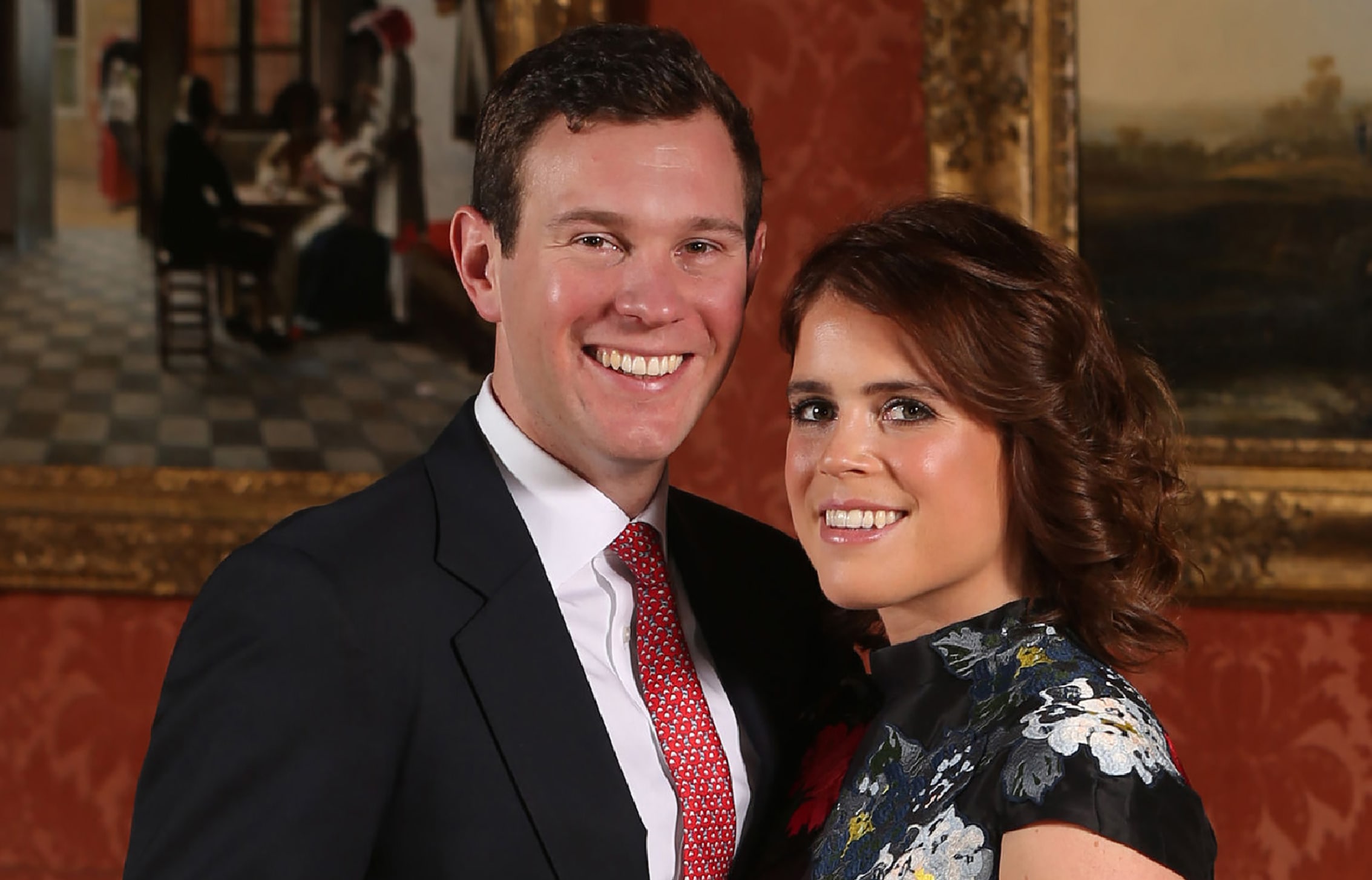 Britain's Princess Eugenie of York poses with her fiance Jack Brooksbank at Buckingham Palace after the announcement of their engagement.