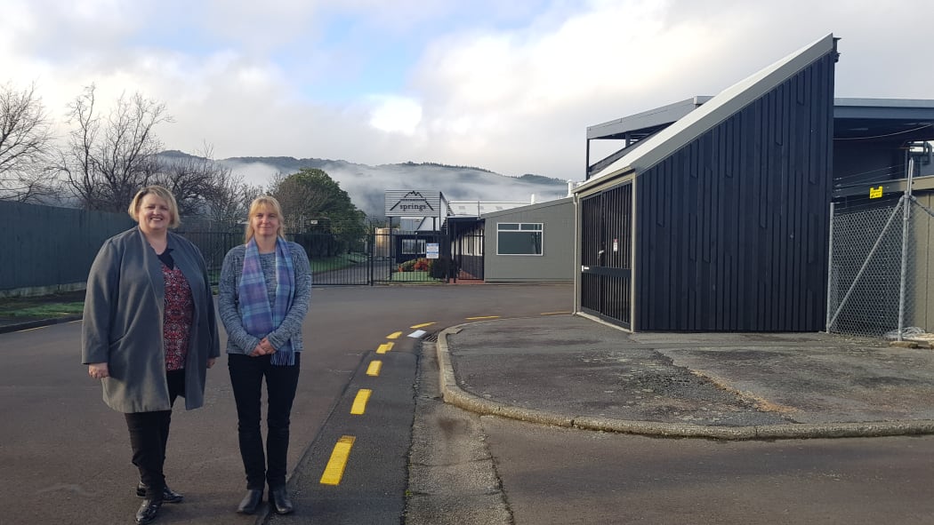 Upper Hutt city councillor Angela McLeod (left) and local Tracey Ultra out the front of International Springs Ltd.