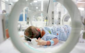 Newborn baby in hospital. Baby care unit.