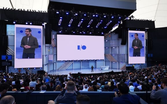 Google CEO Sundar Pichai addresses this year's IO conference in Mountain View, California