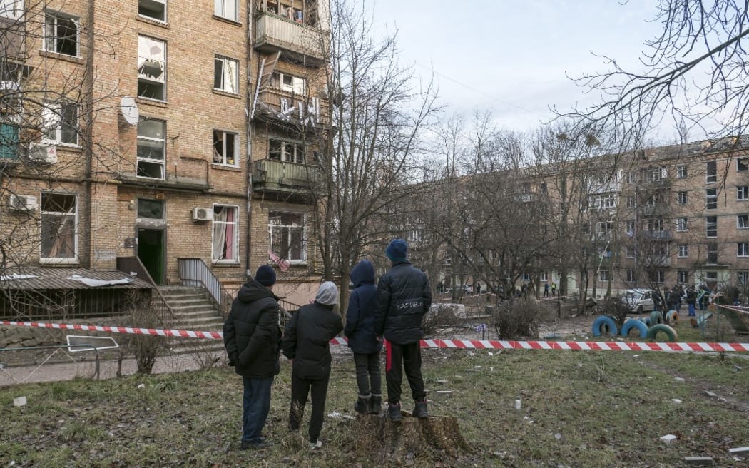 Residential building damaged by a Russian missile strike in Kyiv, Ukraine December 31, 2022.  (Photo by Maxym Marusenko/NurPhoto) (Photo by Maxym Marusenko / NurPhoto / NurPhoto via AFP)