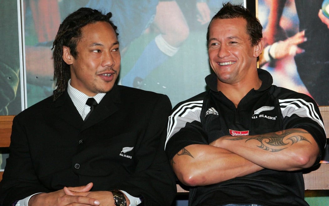 All Black captain, Tana Umaga shares a joke with Carlos Spencer. Team naming, 2004.