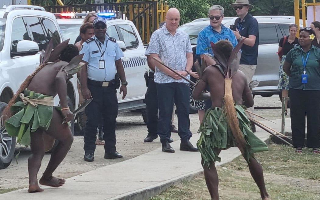 PM Christopher Luxon receives a 'warriors welcome' at a Honiara school during the Pacific Islands Forum.