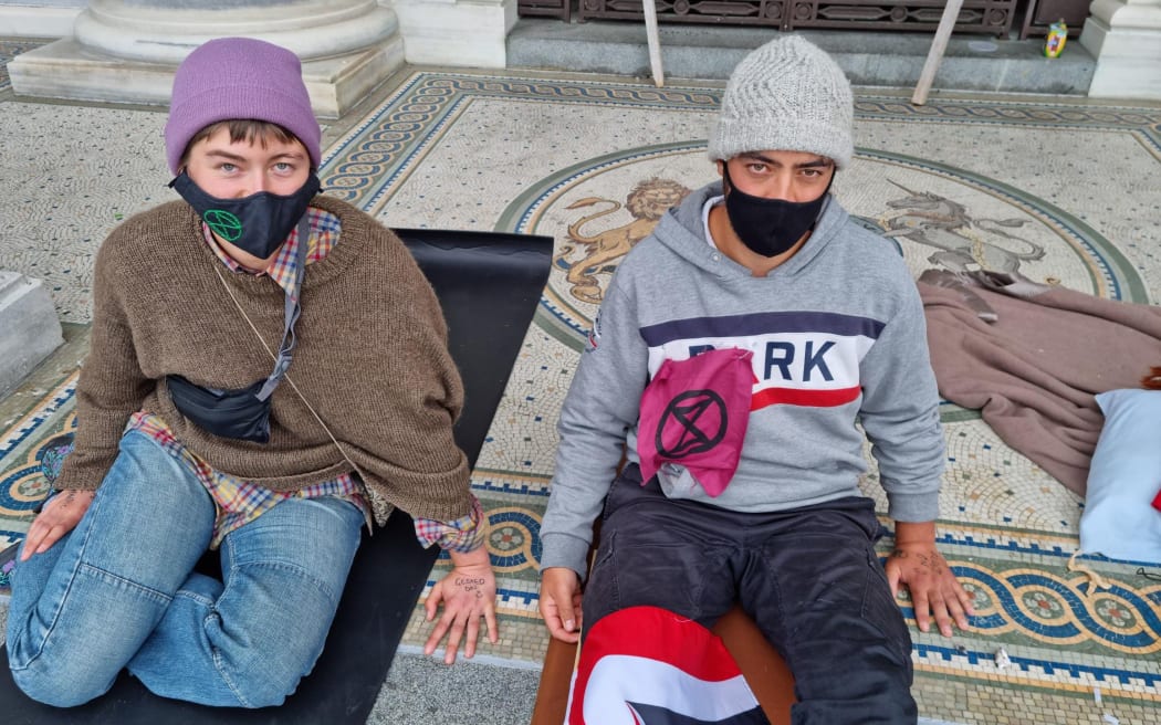 Extinction Rebellion protesters Meander, left and Te Wehi Ratana at the Parliament protest.
