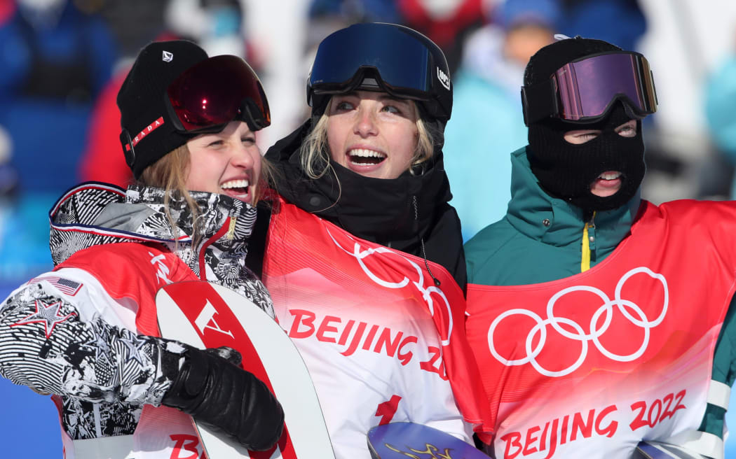 Zoi Sadowski Synnott celebrates her gold medal success in Beijing.