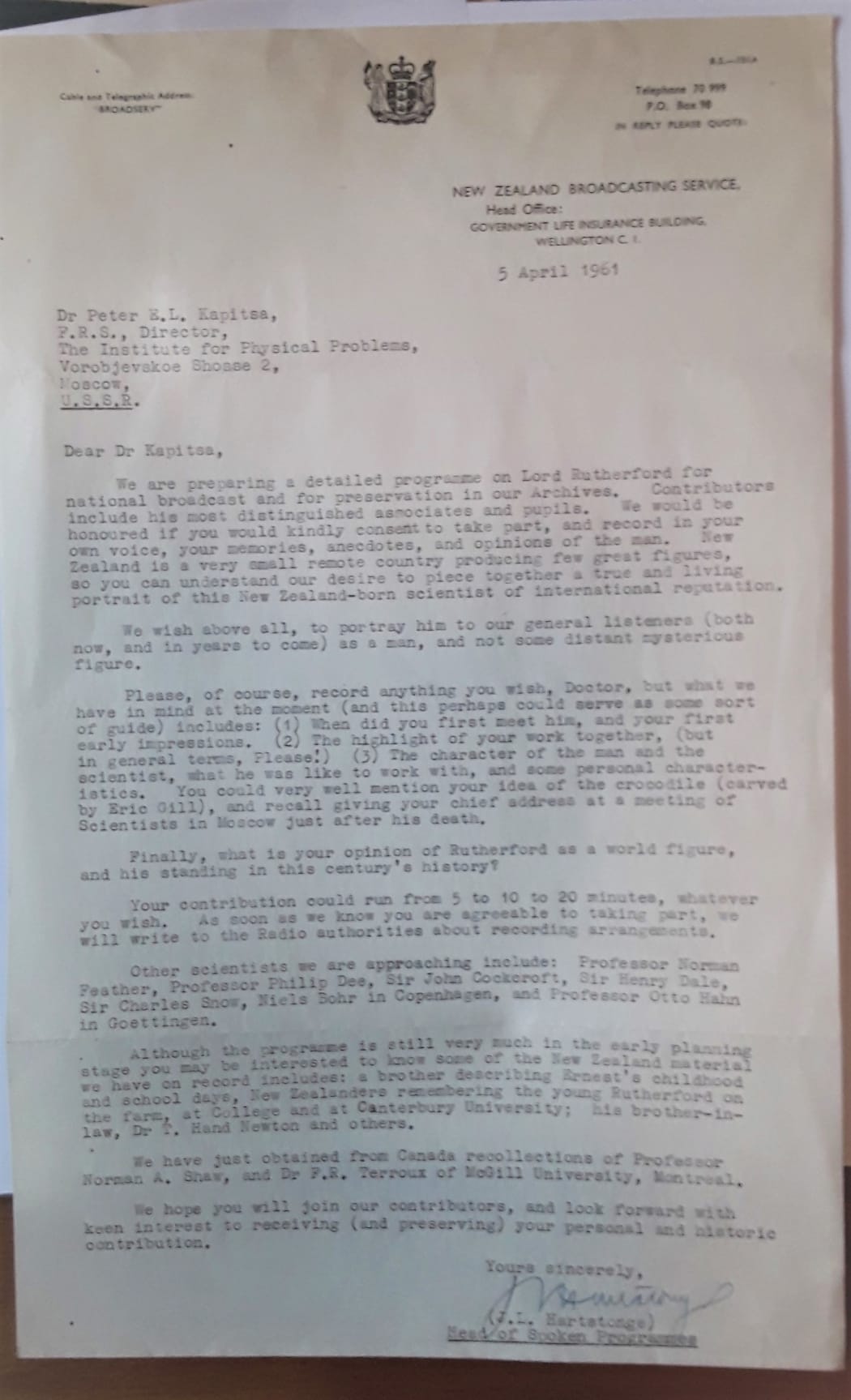 A letter from the New Zealand Broadcasting Service (J.L.Hartstonge, Head of Spoken Programmes) dated 1961 and addressed to one of the Russian students of Rutherford - Pyotr Kapitsa