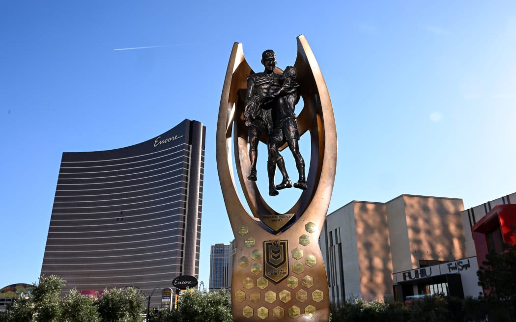 The Provan-Summons Trophy is displayed at the 2024 NRL Las Vegas Media Launch on Thursday 29 February 2024. Digital image by Grant Trouville © NRL Photos.
