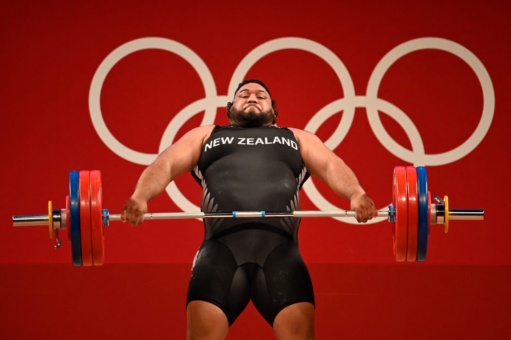 New Zealand's David Andrew Liti competes in the men's +109kg weightlifting competition during the Tokyo 2020 Olympic Games.