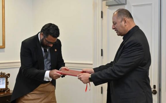 Lord Fakafanua receives appointment confirmation from King Tupou VI at the Royal Palace in Nuku'alofa, Tonga. 18 December 2025