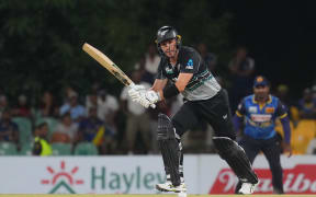 Will Young of New Zealand playing a shot during the Sri Lanka series, 2024.