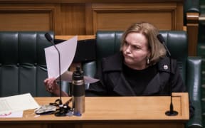 Judith Collins at the first Question time and sitting of the House  in alert level 4 lockdown in the House of Representatives debating chamber.