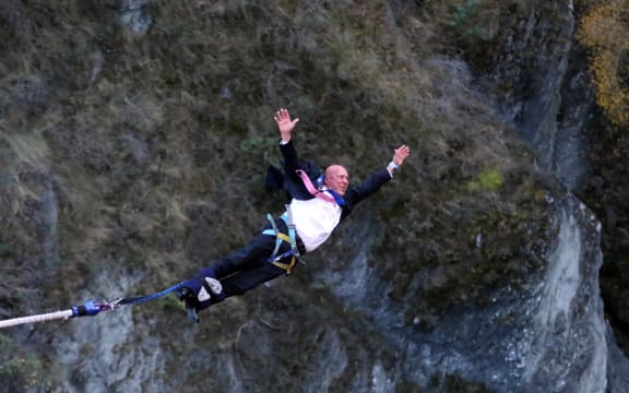 Queenstown mayor Jim Boult takes a sunrise bungy jump on Thursday.  AJ Hackett Bungy started operating again on the first day of level 2 rules that allow domestic tourism to re-start.