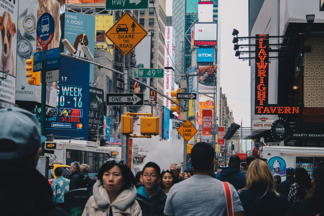 Pedestrians on New York City's 49th Street.
