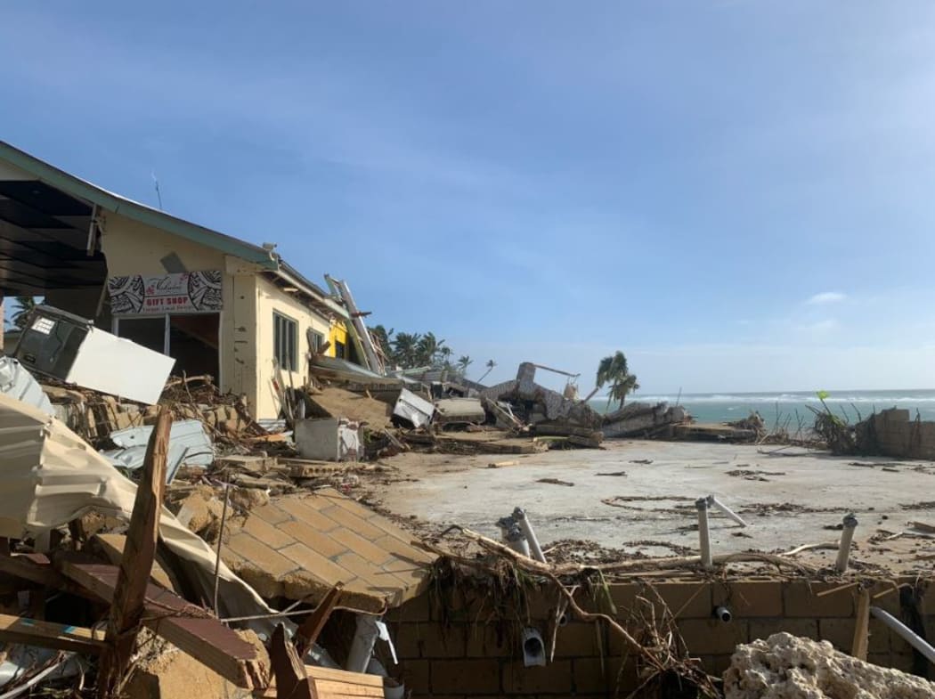 Beachside of Vakaloa Resort after damage incurred due to Cyclone Harold and a king tide.