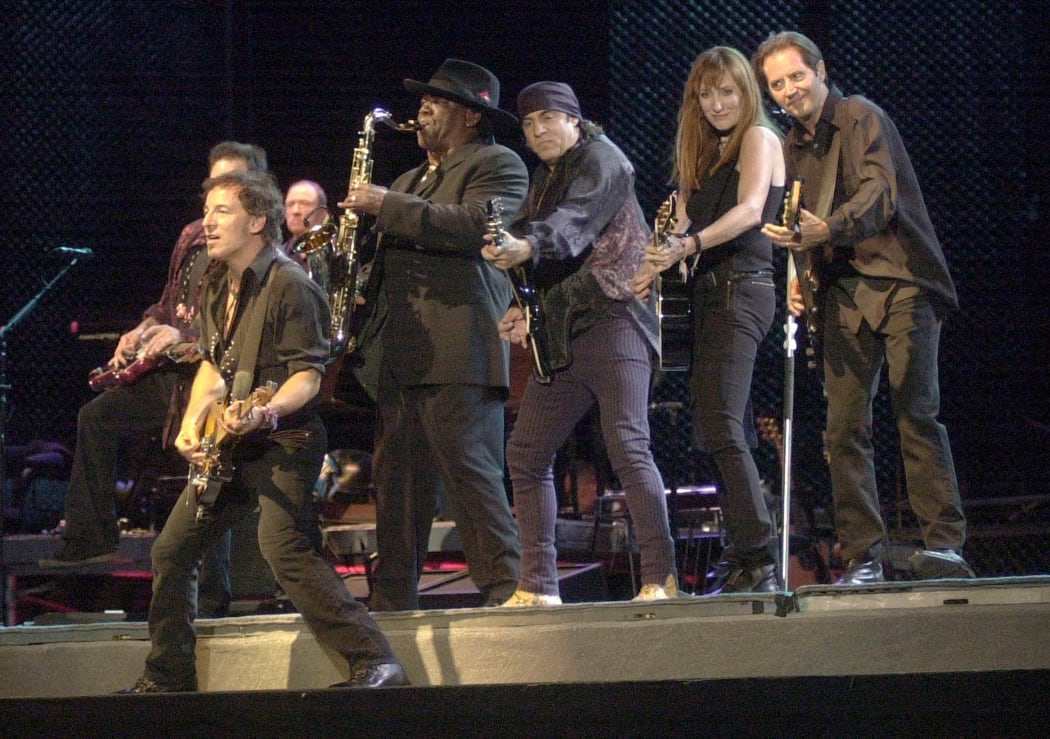 BOSTON - SEPTEMBER 6:  Bruce Springsteen (L) performs with members of The E Street Band on the first night of Bruce Springsteen's concert series at Fenway Park September 6, 2003 in Boston, Massachusetts.