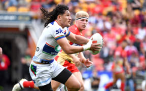 Dallin Watene-Zelezniak of the Warriors makes a run during the NRL Round 23 match between the Redcliffe Dolphins and New Zealand Warriors at Suncorp Stadium in Brisbane, Sunday, August 11, 2024. (AAP Image/Jono Searle / Photosport) ) NO ARCHIVING, EDITORIAL USE ONLY