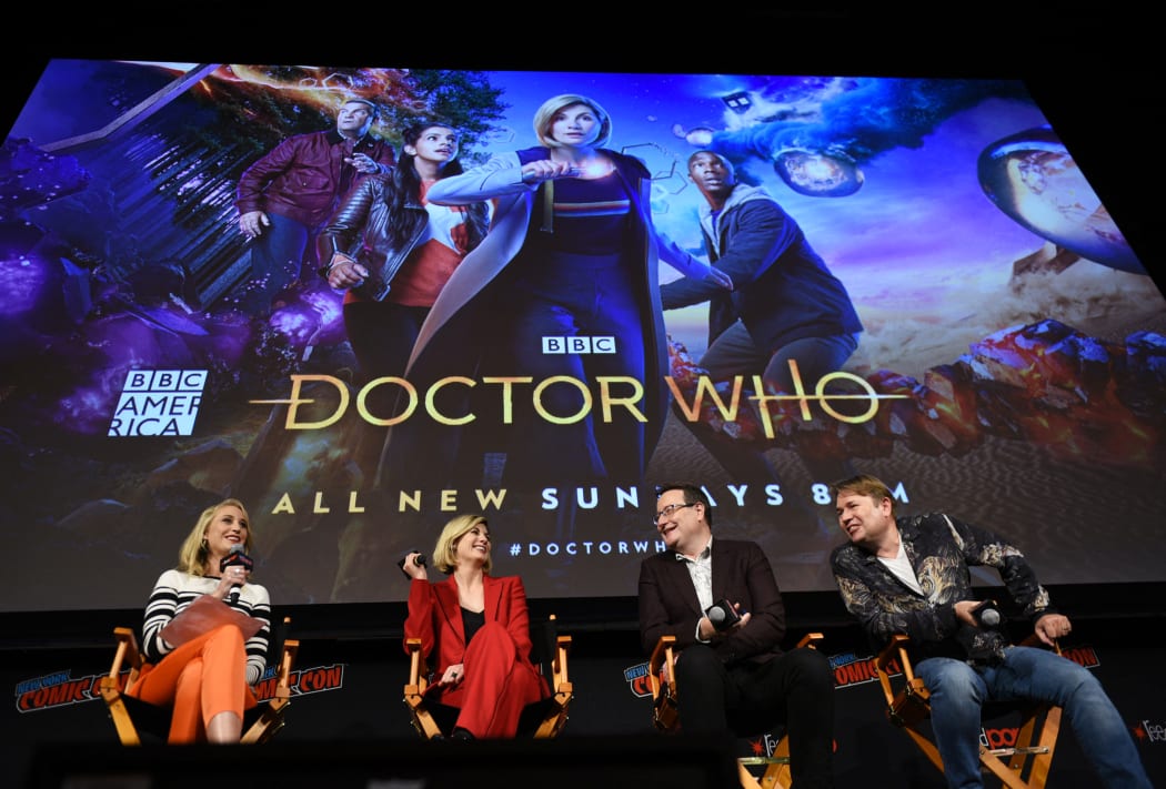 Maude Garrett, Jodie Whittaker, Chris Chibnall, and Matt Strevens speak onstage at the Dr Who panel during New York Comic Con on October 7, 2018.