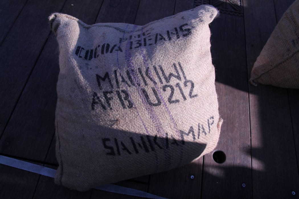 A sack of cocoa beans that was sailed to New Zealand from Bougainville by the Wellington Chocolate Factory.