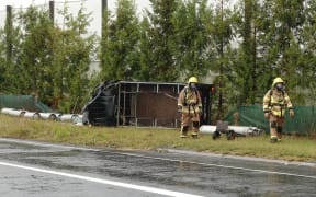 A gas delivery truck rolled on Kapiro Road near State Highway 10 north of Kerikeri.
