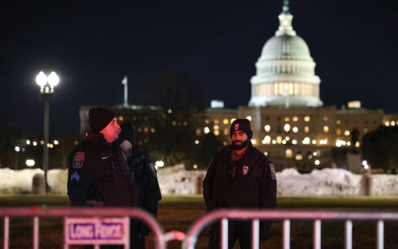Police officers from Fairfax County, Virginia patrol outside of the U.S. Capitol in Washington, D.C. on February 24, 2026 ahead of President Donald Trump’s State of the Union address. (Photo by Bryan Dozier/NurPhoto) (Photo by Bryan Dozier / NurPhoto via AFP)