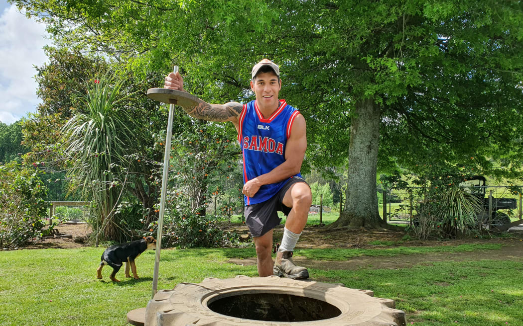 Junior Taulago keeps his fitness up on the farm using tools like an old tractor tyre and motivating other men at his Rural Rise sessions at Patoka Community Hall