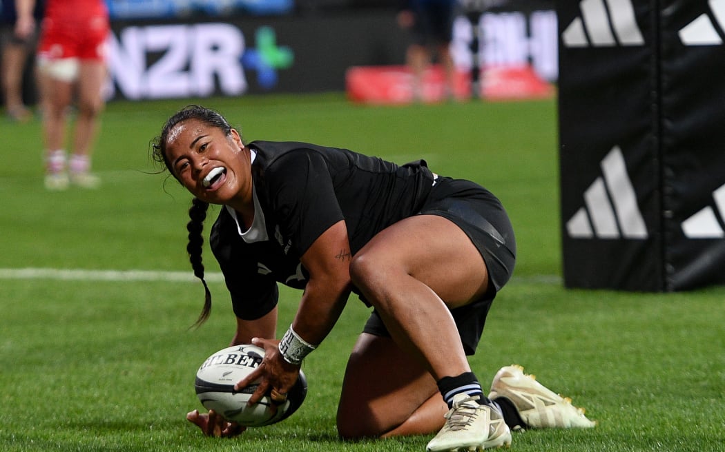 Ayesha Leti-I'iga of the Black Ferns celebrates her try during the womens rugby match, New Zealand Black Ferns  v Canada at Apollo Projects Stadium, Christchurch.