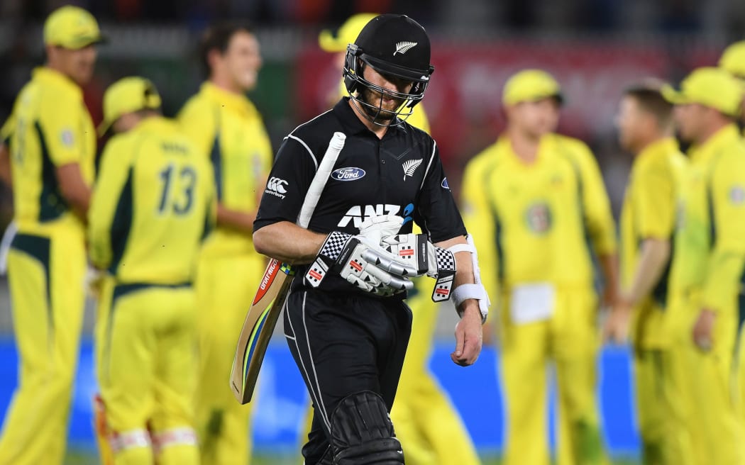 Kane Williamson heads back to the dressing room after being dismissed in the second ODi cricket match between the Black Caps and Australia.