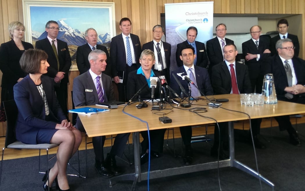 Mayor Lianne Dalziel, centre, at a news conference on Friday.