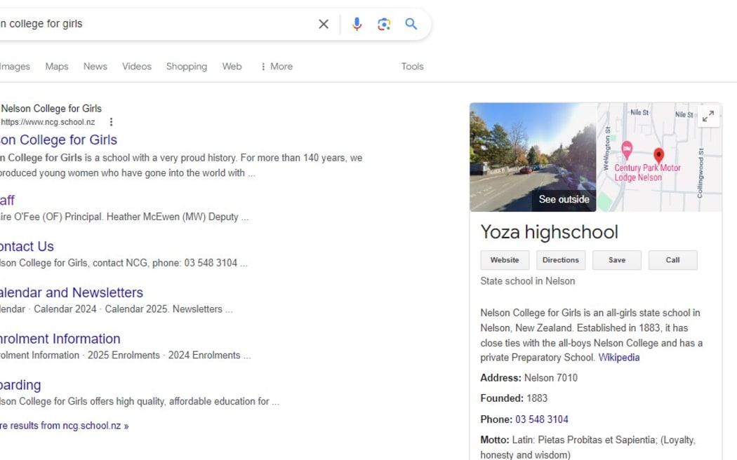 Nelson College for Girls has been relabelled Yoza highschool on Google Maps.