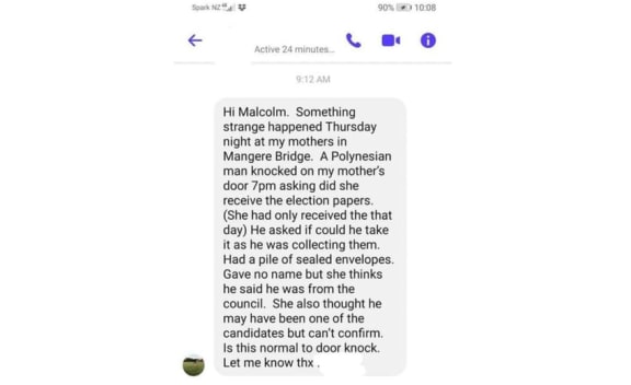 A screenshot of the first complaint received by Communities & Residents candidate Malcolm Turner and posted on Facebook. :