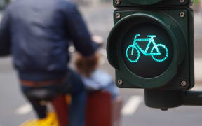 A cyclist passes a green cycling traffic light in a city.