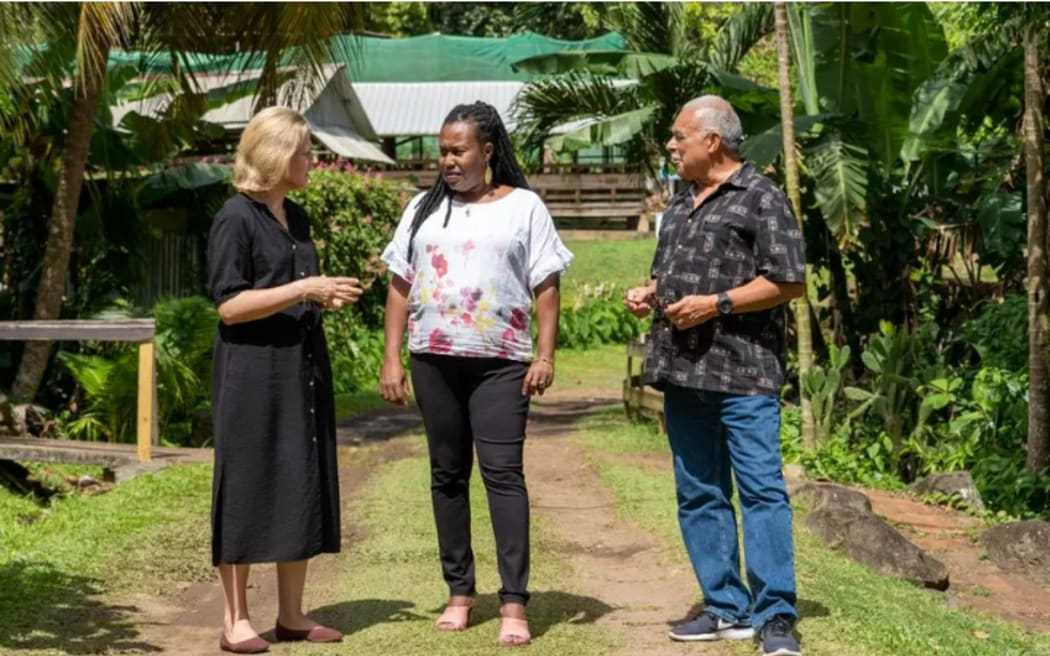 Laura Trevelyan (left) explores a former slave plantation on Grenada during her visit in 2022