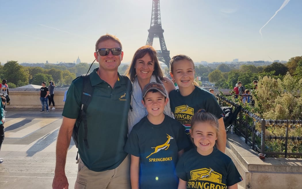 Springbok rugby fans Stephan and family in Paris for Rugby World Cup 2023.