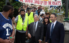 Winston Peters visits protestors at Parliament
