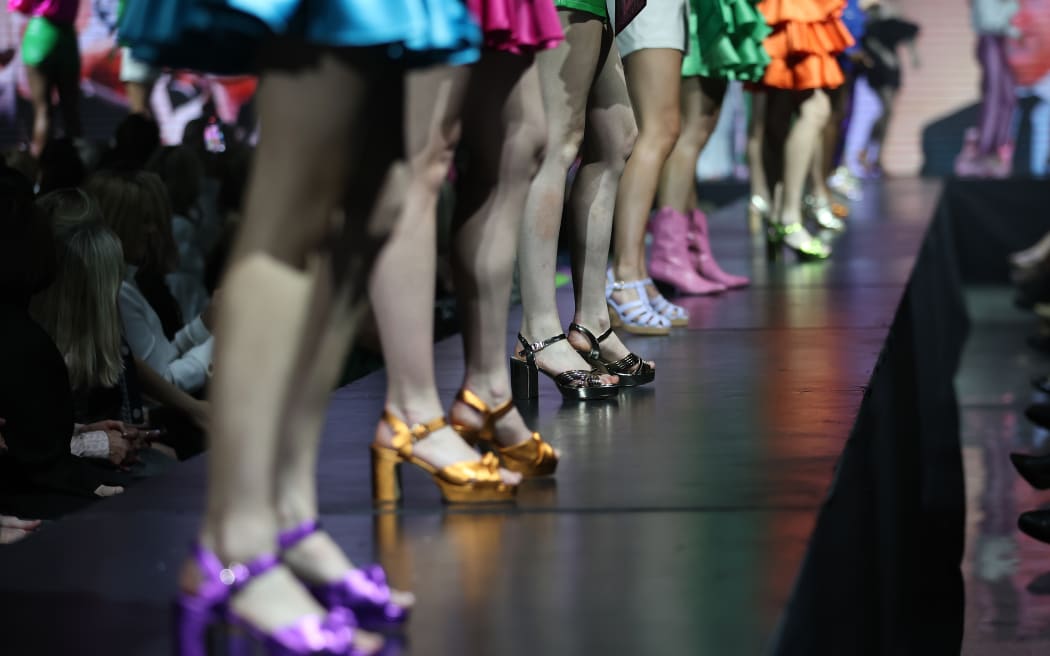 AUCKLAND, NEW ZEALAND - AUGUST 30: Models pose on the runway during the Kathryn Wilson Footwear show during New Zealand Fashion Week 23: Kahuria at Viaduct Events Centre‎ on August 30, 2023 in Auckland, New Zealand.