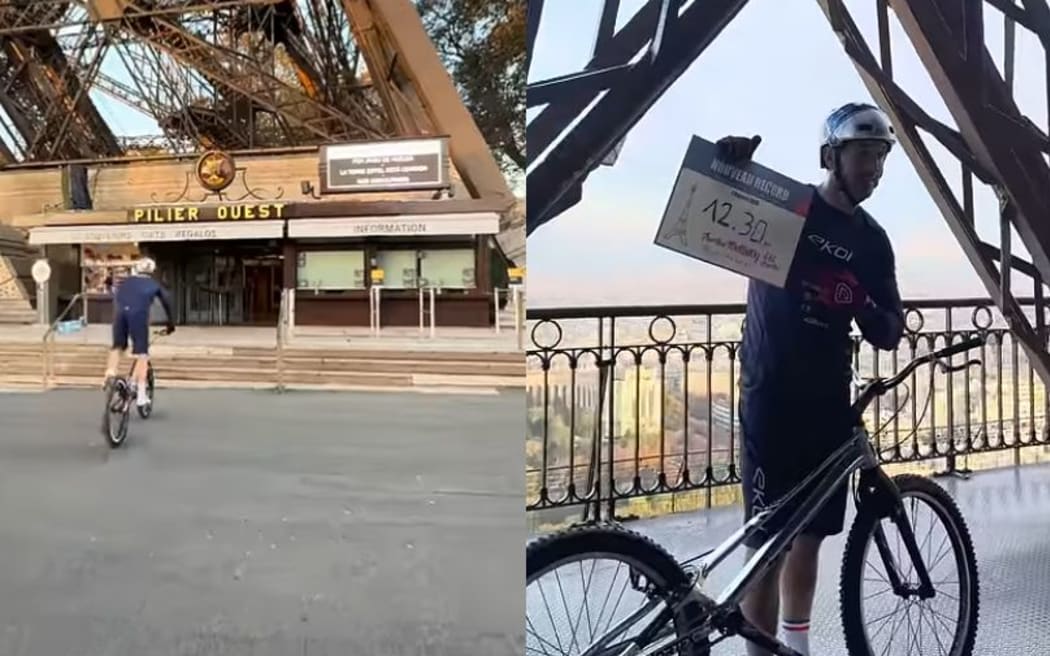Aurélien Fontenoy cycles up the Eiffel Tower's 686 steps