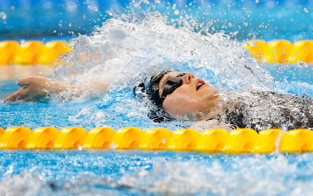 New Zealand's Mary Fisher in action during the Womens 100m Backstroke S11 Swimming at the Rio Paralympics.