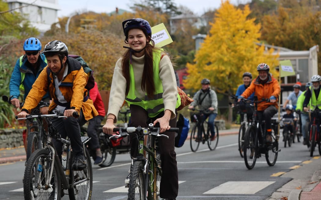 A group of cyclists did a circuit of Nelson's CBD in defiance of the perils they can face on local roads. Photo: Max Frethey/Nelson Weekly. [via LDR single use only]