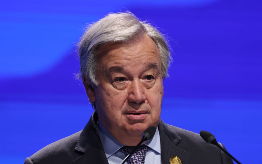 United Nations Secretary General Antonio Guterres delivers a speech at an event launch for the climate TRACE initiative, a greenhouse gases inventory of the largest facility-level sources, during the COP27 climate conference at the Sharm el-Sheikh International Convention Centre, in Egypt's Red Sea resort city of the same name, on November 9, 2022.