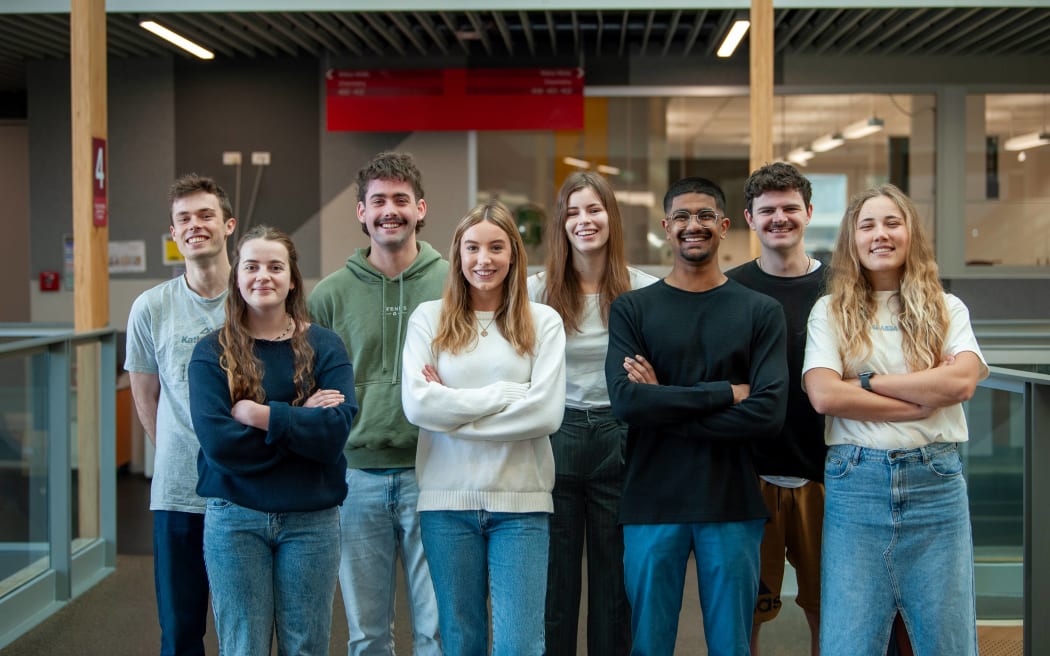 A University of Canterbury team of Biochemistry students, called UCiGEM, will compete in Paris in October: Pictured: back row from left, William Oakley, Matthew Goodwin, Isabel Bradley and Myles Landon. Front row from left, Amy Dellow, Maddie Barrett, Joseph Ramana, and Bree Drinkwater.