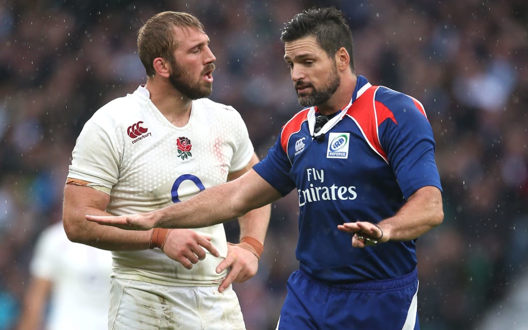 England captain Chris Robshaw in discussion with New Zealand referee Steve Walsh