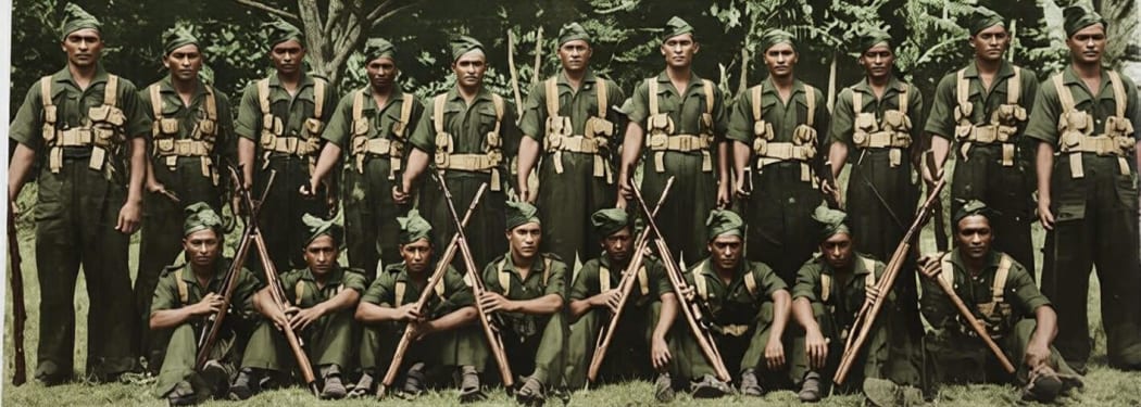 Members of the World War Two Cook Islands Local Defence Force (Home Guard) between 1939 and 1945. Original image owned by Tere Mataroa, Colourised by Tepaeru Utia.