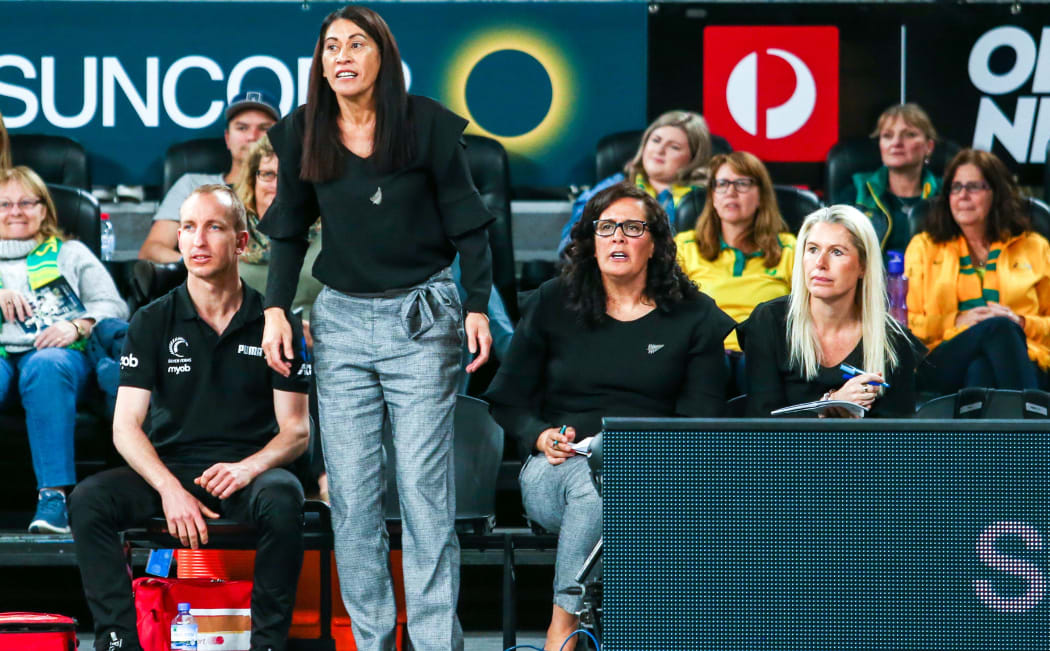 Silver Ferns coach Noeline Taurua out of her seat watching the game unfold against Australia