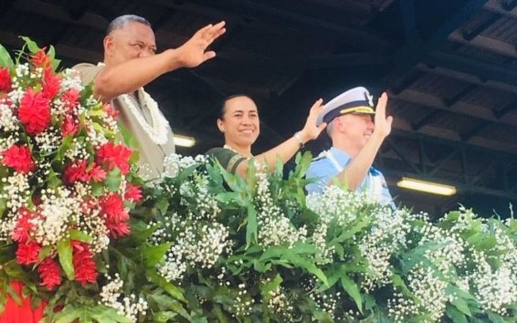 Rear Admiral Kevin Lunday waves to the crowd at Flag Day, 2019.