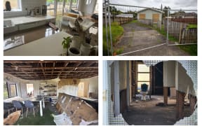 Damage from the Auckland Anniversary Weekend floods, from top left: Derek Judge's Swanson home was flooded by the rapidly rising Waimoko Stream; houses in Swanson sit abandoned and vandalised in November; Andrew Marshall's red-stricken house in Swanson is still being hit by vandals a year on from the floods; Julie Armstrong's Northcote home was badly damaged by the flood waters.