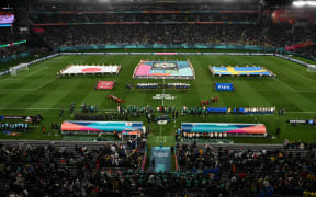 Players line-up before the Australia and New Zealand 2023 Women's World Cup quarter-final football match between Japan and Sweden at Eden Park in Auckland on 11 August, 2023.